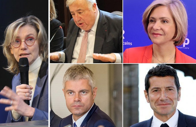 À gauche, Agnès Pannier-Runacher (photo Forestopic). Puis, Gérard Larcher (photo Forestopic), Valérie Pécresse (photo EPP), Laurent Wauquiez (photo EPP), David Lisnard (photo BC/Wikimedia)