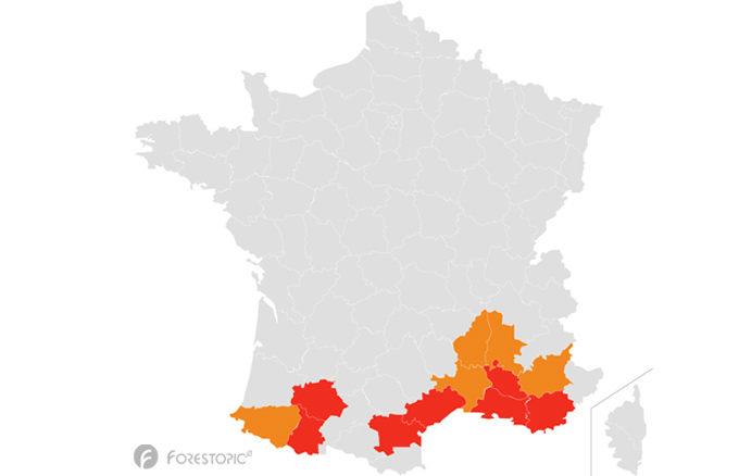 Départements où se trouvent des communes situées en zone infectée (en rouge) et en zone tampon (en orange), selon la réglementation européenne relative au chancre coloré du platane. Fonds de carte: Atelier graphique Wikipedia. Infographie Forestopic