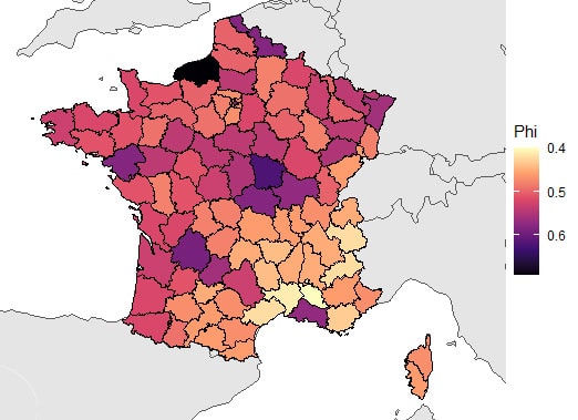 Cartographie de la hiérarchisation des départements de l’Hexagone par rapport au risque d’entrée et d’établissement de Bretziella fagaceraum. Plus la valeur Phi est élevée, plus le risque est élevé (crédit de l’infographie : Plateforme ESV)